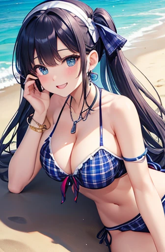 Highest quality、Highest quality、masterpiece、(8k),beauty(Age 25)、Navy blue long hair、blue eyes、Sexy Bikini(Plaid)、Big cleavage、(Big Breasts)、smile、blue necklace、Blue Earrings、background(Beach)、Please open your mouth wide、White headband、bracelet、Dynamic pose...