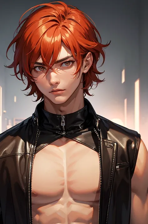 (Absurd, High resolution, Ultra-detailed), 1 male, Adult, good looking, Muscular face, Broad shoulders, Detailed drawn eyes, Orange Hair, Hair style and hair length are random, Brown eyes, Leather Vest, wonderful, mysterious, Bright glow,  Serious expressi...