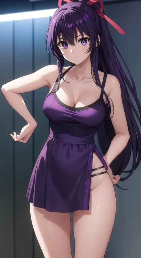 tohkayatogami, tohka yatogami casual, long hair, purple hair, alluringly smile , ribbed maxi square neck black dress ,long sleeve, black colour (purple eyes:1.1), hair ribbon, ponytail, purple hair, white ribbon, E cup breasts, bewitched thighs, slender wa...