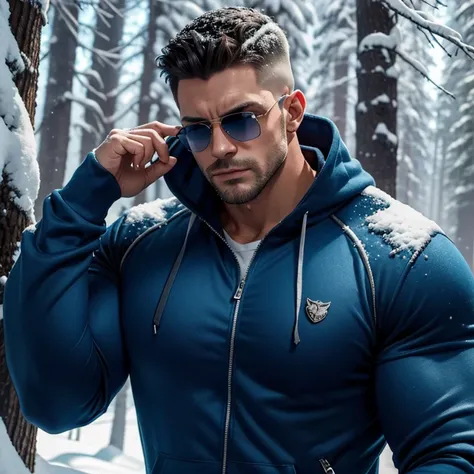 a very handsome man, sunglasses, mid fade haircut, massively muscular, massively large muscles, blue zip-up sweatshirt and shorts, snowy forest, covered in snow, close-up