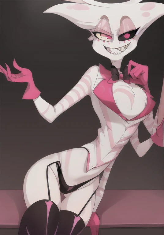 Angel Dust, 1boy, white hair, (choker, bowtie, striped suit, white suit, red gloves, black shorts, thigh boots, black thighhighs) four arms, sharp teeth, gold tooth, pink freckles, chest tuft, pink eyes, (black sclera on right eye, heterochromia), across t...