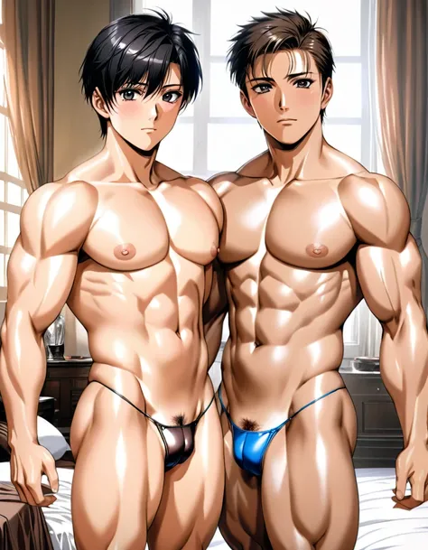 high quality, detailed,(two boys:1.5),(22 years old tanned japanese idol wrestlers), (detailed black eyes), (black short hair), (muscle), (dark brown shiny skin), black tiny thong, bulge,palace bedroom,looking at viewer,(best quality,4k,8k,highres,masterpi...