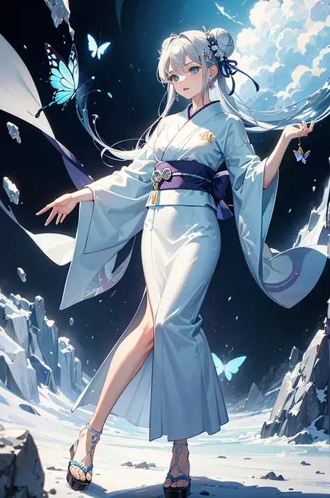 High resolution, masterpiece, accurate, Anatomically correct, Winner of numerous awards, Highest quality, High-resolution model, 
One girl, solo, 
Silver Hair，Bun Hair, 
Crystal Earrings, Ice Blue Eyes Yukata, Butterfly Hair Ornament,Candy apple in one han...