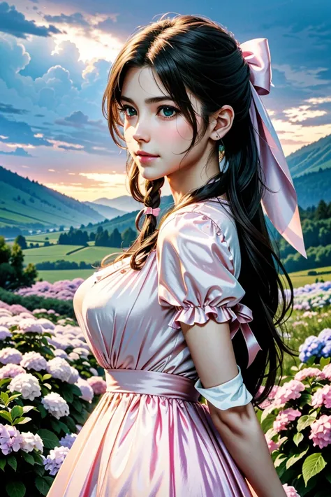 (masterpiece, 最high quality)
Aeris FF7, 1 Girl, alone, Long Hair, bangs, Brown Hair, dress, bow, ribbon, jewelry, Closed Mouth, Green Eyes, Red jacket, hair ピンクribbon, Upper Body, Braid, hair bow, Side Lock, choker, necklace, lips, parted bangs, pink bow, ...