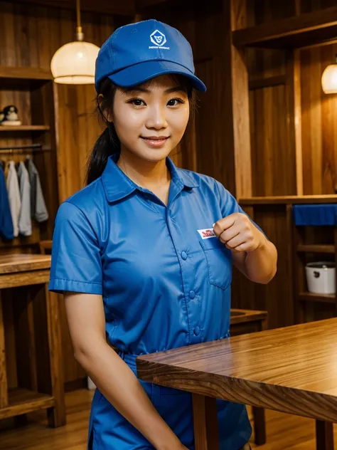 A 30-year-old Chinese female carpenter is making a table out of wood. He is wearing a blue work uniform and a blue hat. The JSP logo is written on hats and clothes. A smiling expression. The furniture material used to make the table should be natural light...