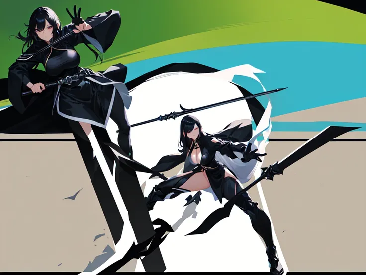 a woman, epic pose, cool pose, hold spear, black-white skintight robes!, character posing, sinister pose, a bag in the hip, cool hair, big boob