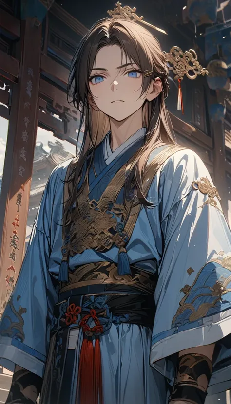 young boy, short brown hair, blue eyes, Daosist hairpin, blue hanfu, dao magic, Dao, Masterpiece, best quality, Full HD, 8k, ultra details, great graphic