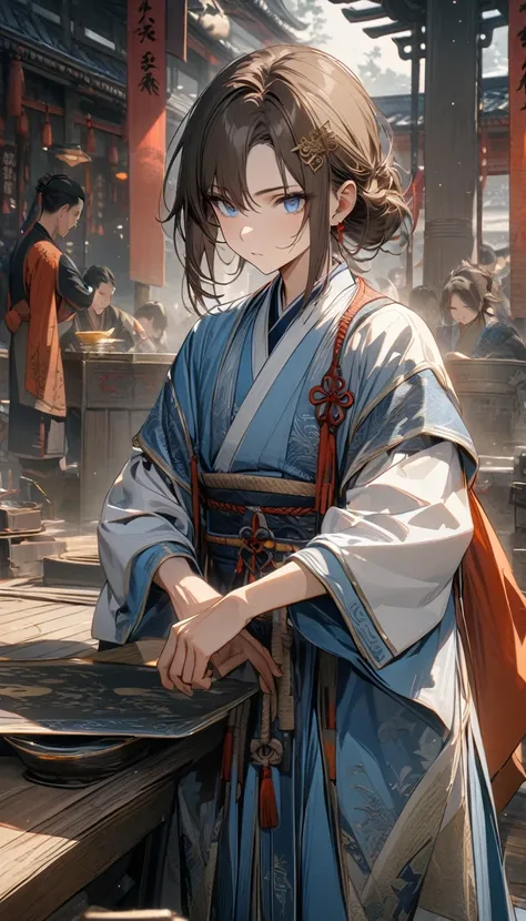 young boy, short brown hair, blue eyes, Daosist hairpin, blue hanfu, dao magic, Dao, Masterpiece, best quality, Full HD, 8k, ultra details, great graphic