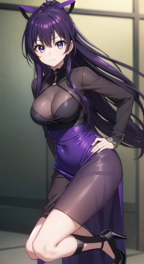 tohkayatogami, tohka yatogami casual, long hair, purple hair, alluringly smile , black mesh dress, maxi dress, sheer black, solid roched mock neck ,long sleeve, black colour (purple eyes:1.1), hair ribbon, ponytail, purple hair, white ribbon, E cup breasts...