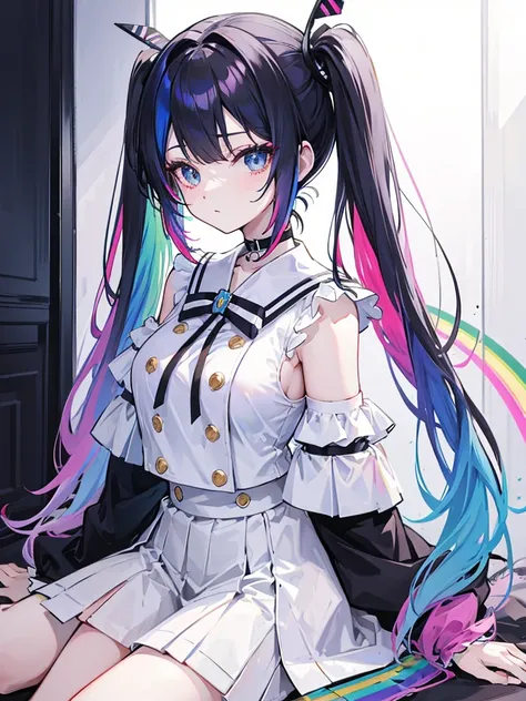 rainbow colored hair, twin tail, Moderate breasts, White uniform, black choker, Off shoulder