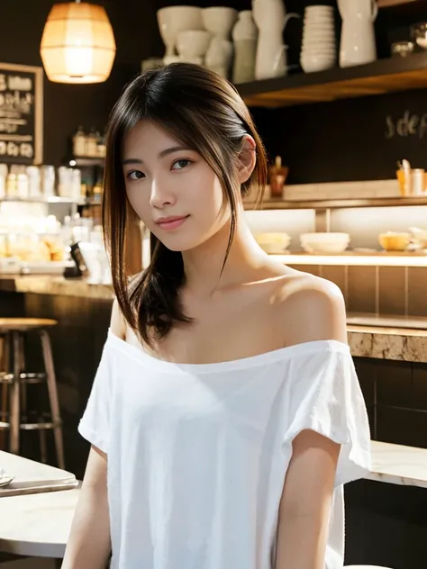 (best quality), masterpiece, photorealistic, portrait photo of a japanese woman, 20 years old, realistic skin, eye catch, medium breasts, off-shoulder t-shirt, at cafe、大きな胸、明るいライティング