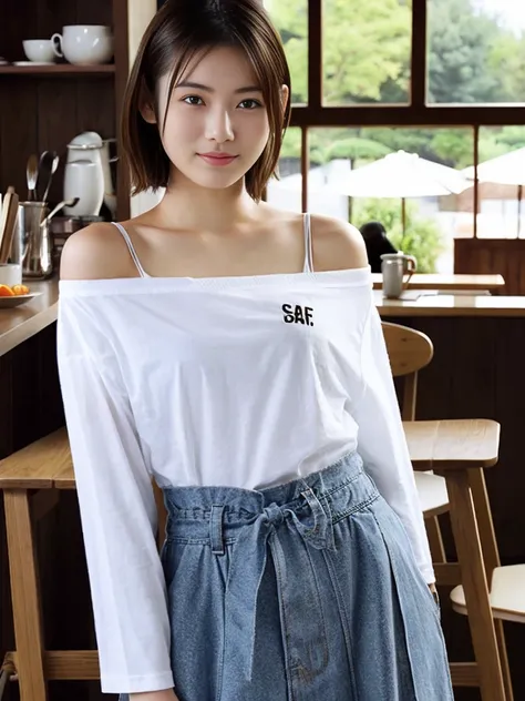 (best quality), masterpiece, photorealistic, portrait photo of a japanese woman, 20 years old, realistic skin, eye catch, medium breasts, off-shoulder t-shirt, at cafe、大きな胸、明るいライティング