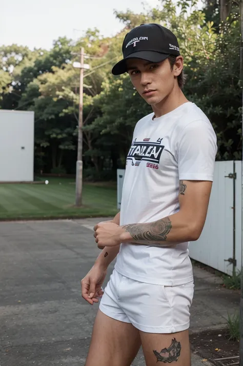 Generate a ultra fine realistic mockup of a Stanley Stella STTU755 t-shirt worn by a skinny arm tattoo male model with baseball cap. The model should be standing in a casual pose, with the t-shirt clearly visible from the front. The t-shirt should be plain...