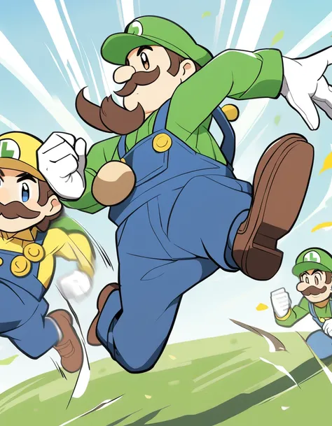 1Luigi ,  large mustache, green shirt, blue overalls with yellow buttons, white gloves, and brown shoes running and jumping