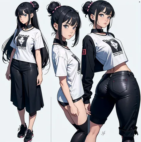 create a 18 years old school girl, full body ,left and right and back side ,beautiful girl, wearing full collar  t-shirt and black pant, medium half bun hairs ,multiple face expressions, character design, concept design sheet, white background, sketch, col...