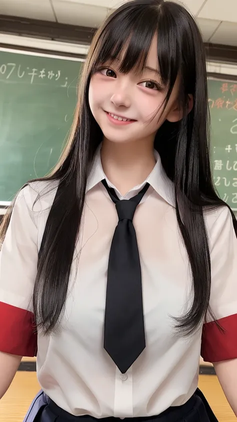 One girl, Long Hair, High resolution, chest, smile, bangs, Black Hair, 大きなchest, Heavy breathing, Red face, uniform、blouse、Wet、classroom、high school girl