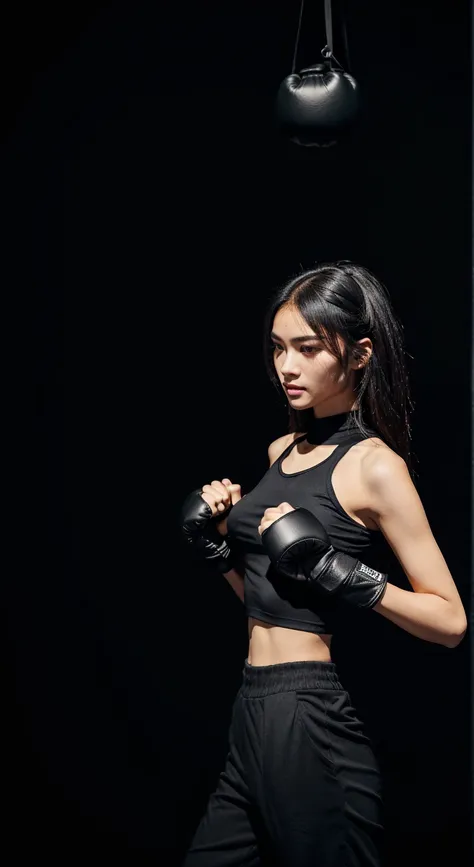 Wearing a black top and black pants、Arav woman wearing boxing gloves, tposture, t posture, posture, 侧posture, 自信的动作posture, standing black background, 侧面posture, 侧面摆posture, black background, She&#39;s ready for a fight., warrior pose, Strong posture, 采取动作...