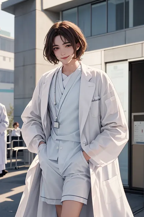 Doctor, 1 man, solo, sitting (Looking at the audience), (white lab coat:1.5),  ,Stylish clothes who is an adult /(brown hair/)  smile kindly (The best quality masterpiece:1.2) , Delicate illustrations, Special details, ( In front of the hospital