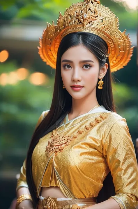 beautiful girl ,Thai women&#39;warrior, walking at thai measure, dynamic poses, Thai Noi, long ponytail,black eyes,abdominal muscles, plump body, rounded chest, (big breast:1.3), Hold the bow in your hand and aim at the target.. , rift, morning sun, starin...