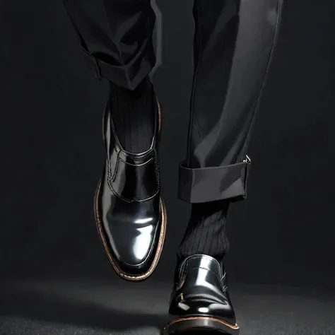 solo,black background,1 boy,male attention,black shoes,bare ankles,trousers,black trousers,realistic