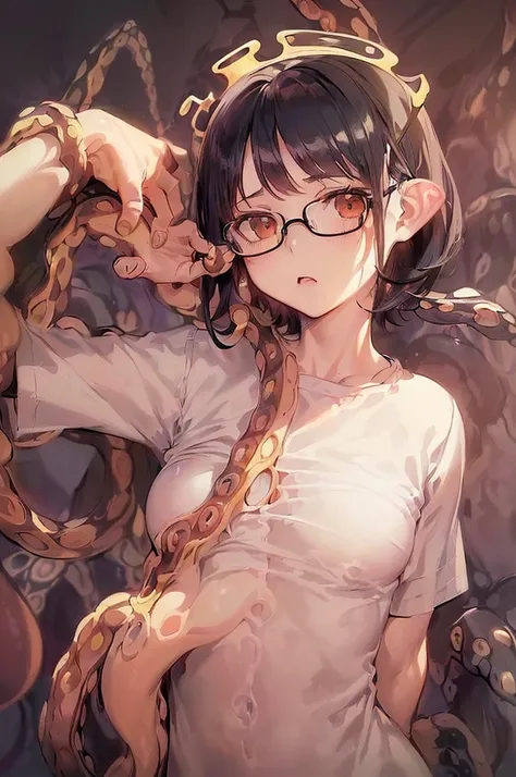 masterpiece, best quality,anime style, 1 girl,(((slender body))), (((small eyes,small breast,breast milk,breastfeeding a baby))),(((nurse uniform,glasses))),(((((brown tentacles bound a girl))))),((((cum)))), (beautiful face), (((short hair))), (((straight...