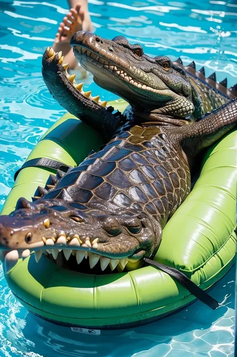 Theres a big crocodile lying on the pool float
