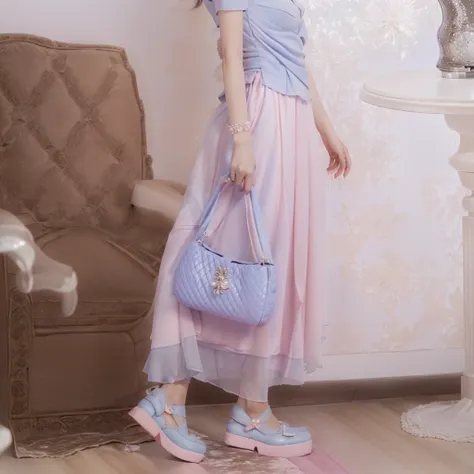 there is a lady standing in the room，holding a blue purse in his hand, 🤬 🤮 💕 🎀, pastel colors, soft style, light blue outfit, so...