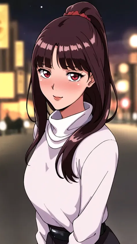 white turtleneck, black pencil shirt,black short skirt, belt,hair ornament, hair scrunchie,low ponytail, long hair, bangs, brunette, black hair, blunt bangs, big red eyes, alone, 1 girl, Young female, 18 years old, sexy gal, very cute, smile, Beautiful Fin...