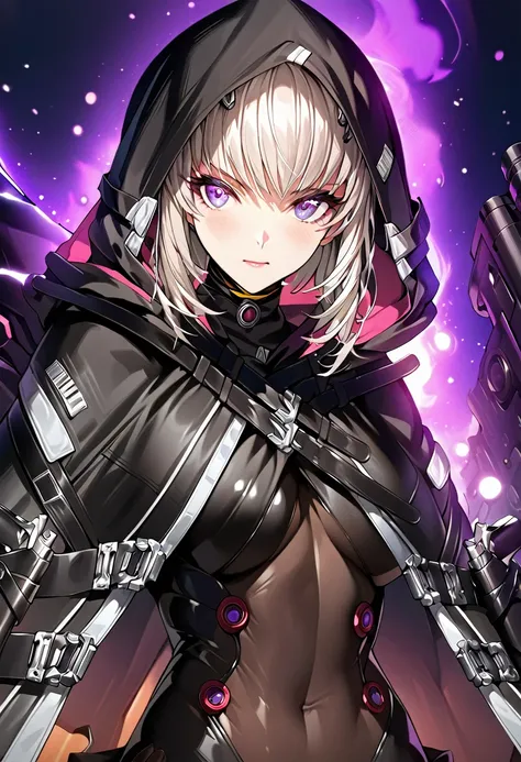 absurdres, by famous artist, exquisite, (((cowboy shot))), hood, jacket, body suit, black clothes, black wear, weapon,(((purple ...