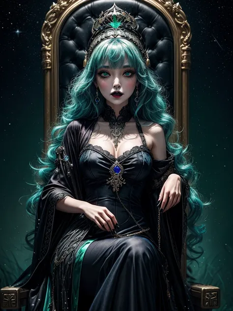 A mysterious and enchanting witch girl, gothic style, with ethereal makeup, emerald green eyes, midnight black lips, sapphire blue hair, dangling crystal earrings, cascading curls hairstyle, ornate Qing dynasty headdress, shimmering silver yarn, a starry n...