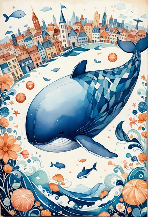 create artistic handmade pieces,This is a dreamy and colorful work that looks like an illustration in a picture book.,Collage using various art materials,A sky pattern drawn by mixing blue and black,watercolor style background,cloth,quilting,Embroidery thr...