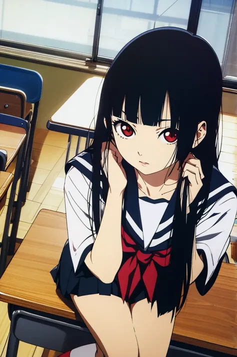 (masterpiece, best quality, detailed), 1girl, solo, Enma Ai, long hair, black hair, hime cut, bangs, blunt bangs, red eyes, looking at viewer, flat chest,
, serafuku, serafuku, skirt, indoors, classroom, school desk, window, school chair, curtains, chalkbo...