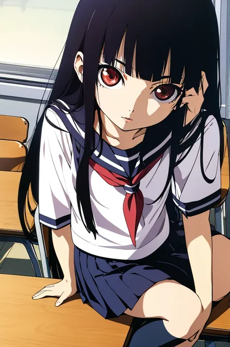 (masterpiece, best quality, detailed), 1girl, solo, enma ai, long hair, black hair, hime cut, bangs, blunt bangs, red eyes, look...