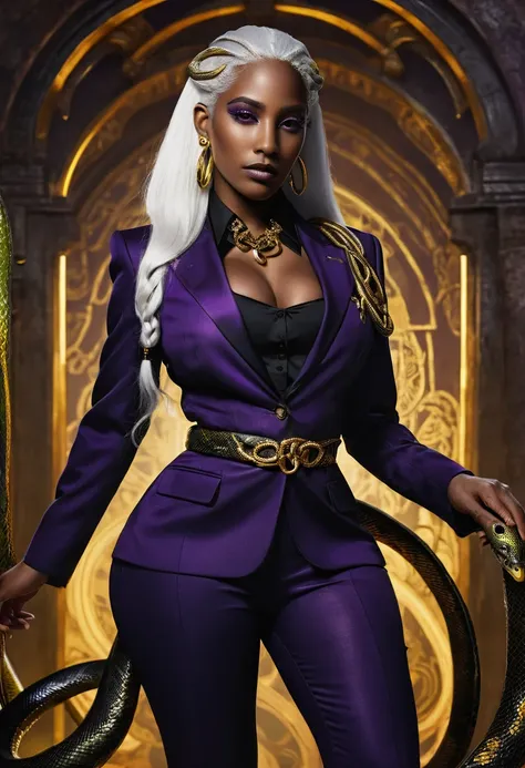 a  with a leash of straight white hair, dark skin, latin ancestry, purple irises, wearing a black tatical suit with golden threa...