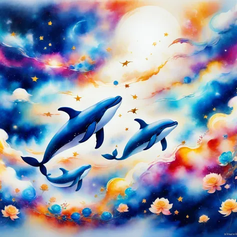 (flying whales,in space), nebula(artworks by slawomir-maniak), lush watercolor palette canvas/acrylic fiber, complex, extreme de...