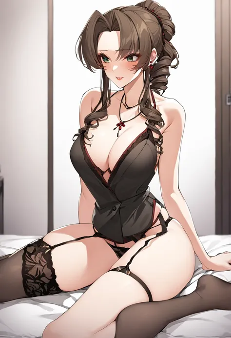 flashy red and black underwear　soapland　shy and seductive look　sexy　sit on the mat　office lady　japanese women　manga illustration...