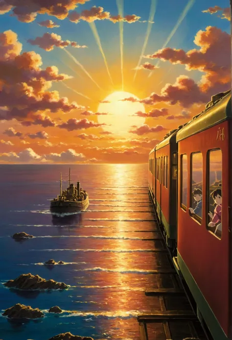 ghibli　on the sea　it&#39;s coming　a train running on the horizon of the sunset　force