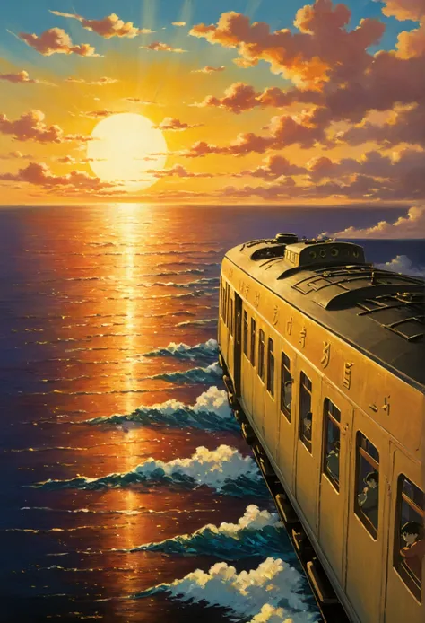 ghibli　on the sea　it&#39;s coming　a train running on the horizon of the sunset　force