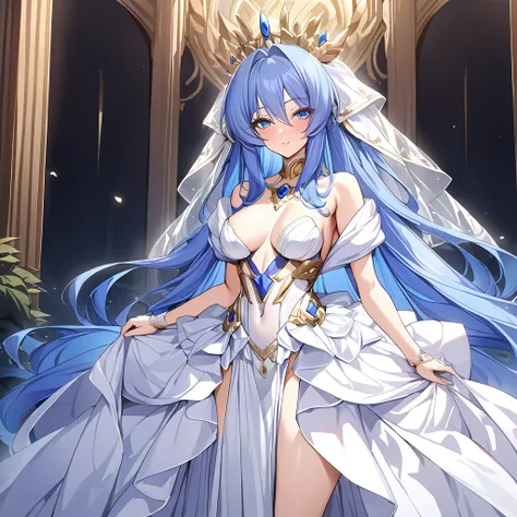 ((Highest quality)), ((masterpiece)), (detailed), （Perfect Face）、The woman is the beautiful Queen of the Gods, Goddess Extia, with medium-long blue hair. She is wearing a gorgeous white wedding dress with gold embroidery and trim, a white wedding veil, an ...