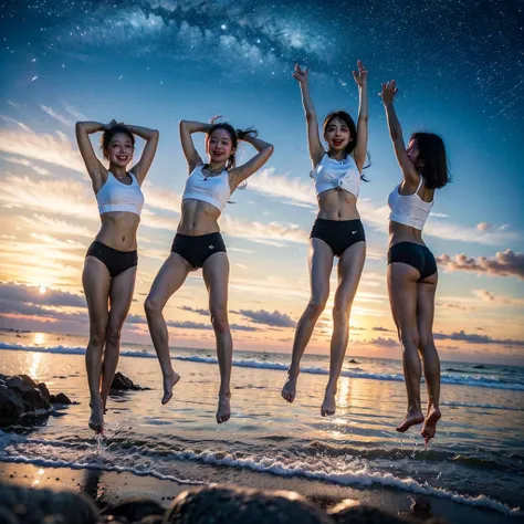  Masterpiece of ProfessionalPhoto ((ExtremelyDetailed (12 PICHIPICHI KAWAII Girls Floating in The Air in a row:1.37) in WHITE at Dusk Enoshima Beach)), {(Standing Full Body:1.2)|(from below:1.2)|Detailed KAWAII face}, Different types of hair colors, {(skin...