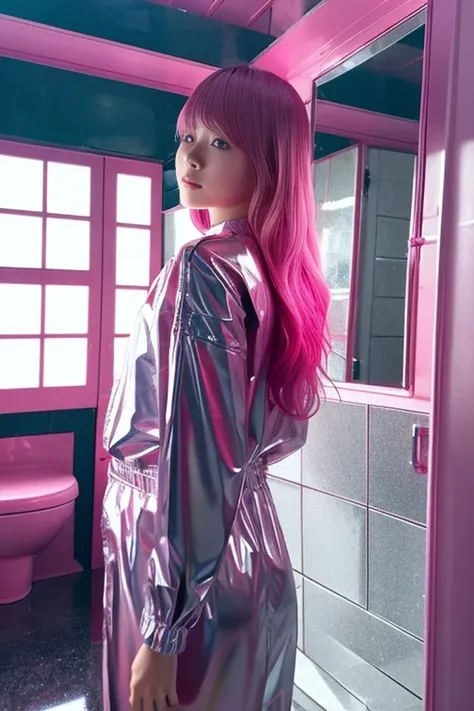 live-action　Inside the mirror house　Japanese girl kindergartener　Rubber Suit　Pink　Enamel rain gear　I was able to swap reality with the person I see in the mirror.　devil　Hair color metallic silver　Bobcut　Multiple people