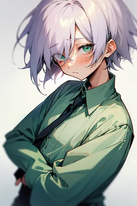 Boy, cute, cool, silver hair, tie, college student, androgynous, green, droopy eyes, kind, plain clothes, mash hair, blush,