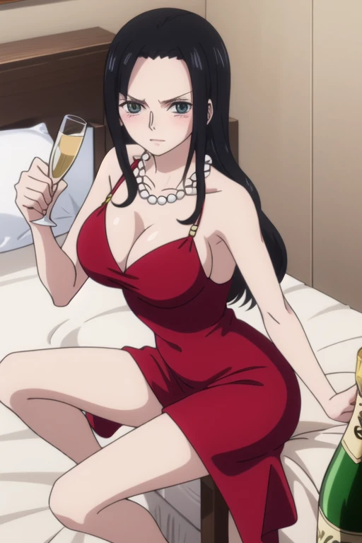 nico robin, slicked back hair, large breasts, mature　tight red dress　thigh length　open chest　pearl necklace　red high heels　expos...