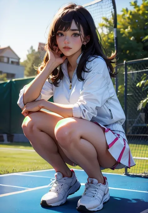 high resolution, best quality, masterpiece, ultra high quality, ultra detail, ultra realistic, 3D, anime, illustration, fantasy, solo, ((beauty woman in tennis court short skirt)), squatting and touching hair, (looking at camera), (background blur))), whit...