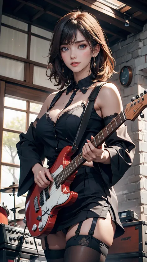 Highest quality,masterpiece,Ultra-high resolution,(Photo realistic:1.4),One Girl,View your audience,Japanese women,garter belt、Garter Stockings、punk、Three Women、Rock Live、Electric guitar、base、drum