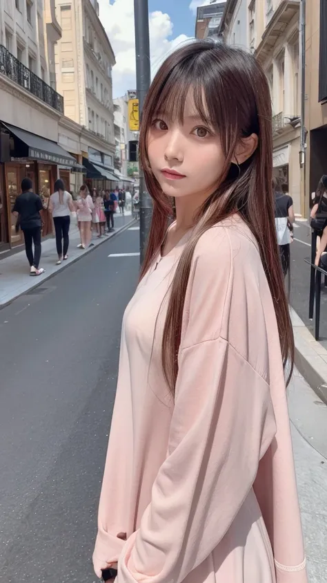 hair color:money　model　woman　long hair　no sleeve　pink clothes　diagonal　selfie　diagonal上　selfie　summer　highest quality, masterpie...