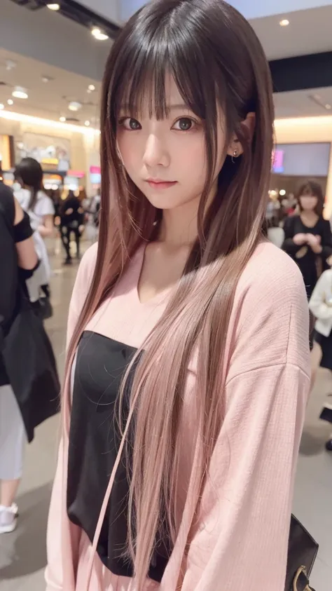 hair color:money　model　woman　long hair　no sleeve　pink clothes　diagonal　selfie　diagonal上　selfie　summer　highest quality, masterpie...