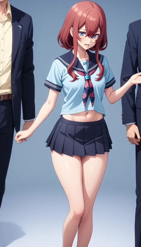 (Highest quality、Masterpiece、Very detailed、4K)、((One Woman))、17 years old、Brown Hair、short hair、(((Nakano Miku)))、headphone、chest、arm、((Beautiful navel))、((Beautiful thighs))、(((school uniform)))、(skirt)、((Are standing))