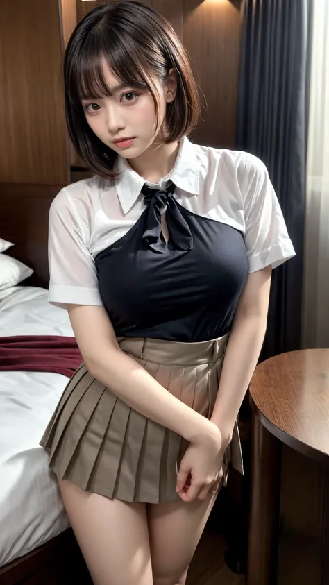 masterpiece, best quality, illustration, Super detailed, fine details, High resolution, 8K,wall paper, perfect dynamic composition,(Details High quality, realistic depiction of eyes:1.3), standing, (collared shirt:1.1), pleated skirt, short bob hair、black ...