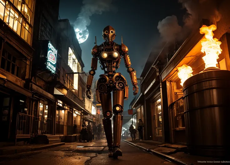 (steam punk)(a mechanical detective, humanoid, piston driven arms & legs, steam vents) walks the streets of the city seeking a wanted criminal